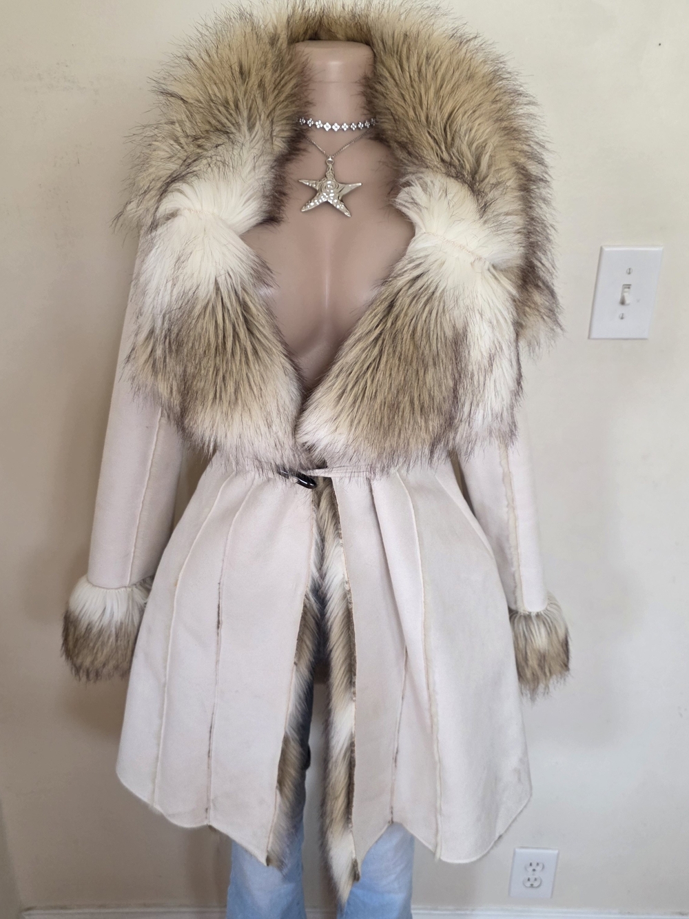 Inc International Concepts Cream Shearling Coat with Natural Fur Trim